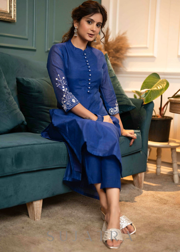 ON-SALE-beautiful-royal-blue-chanderi-kurta-with-silver-embroidery-on-sleeves-pant-optional