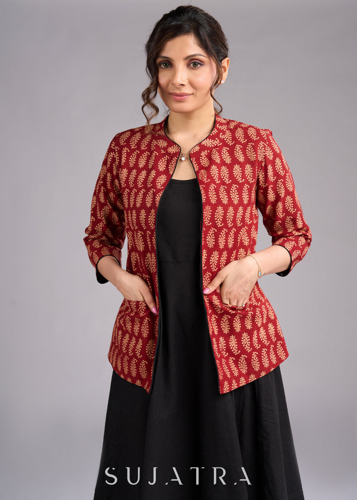 Timeless Ajrakh Maroon Printed Jacket with Contrasting Black Piping Detail