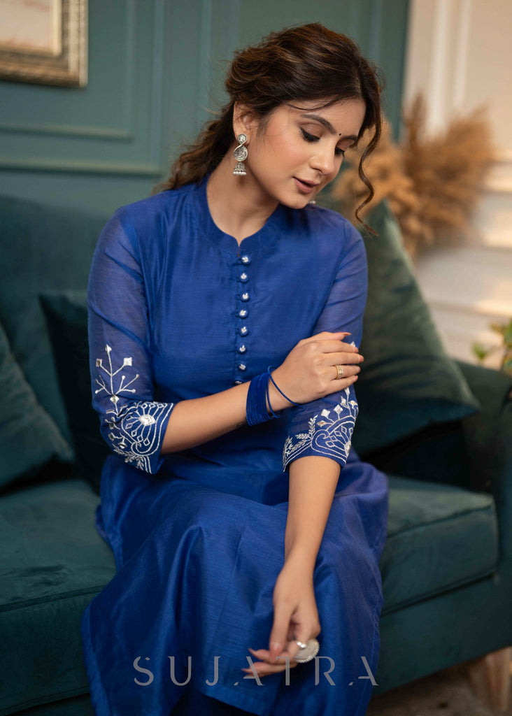 ON-SALE-beautiful-royal-blue-chanderi-kurta-with-silver-embroidery-on-sleeves-pant-optional