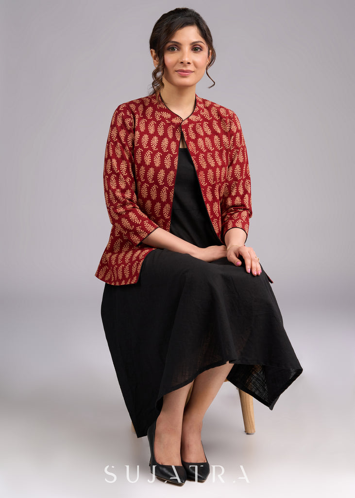 Timeless Ajrakh Maroon Printed Jacket with Contrasting Black Piping Detail