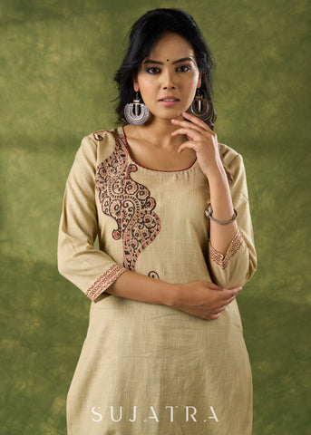 Classy Hand Block Printed Cotton Beige Kurta - Pant Optional