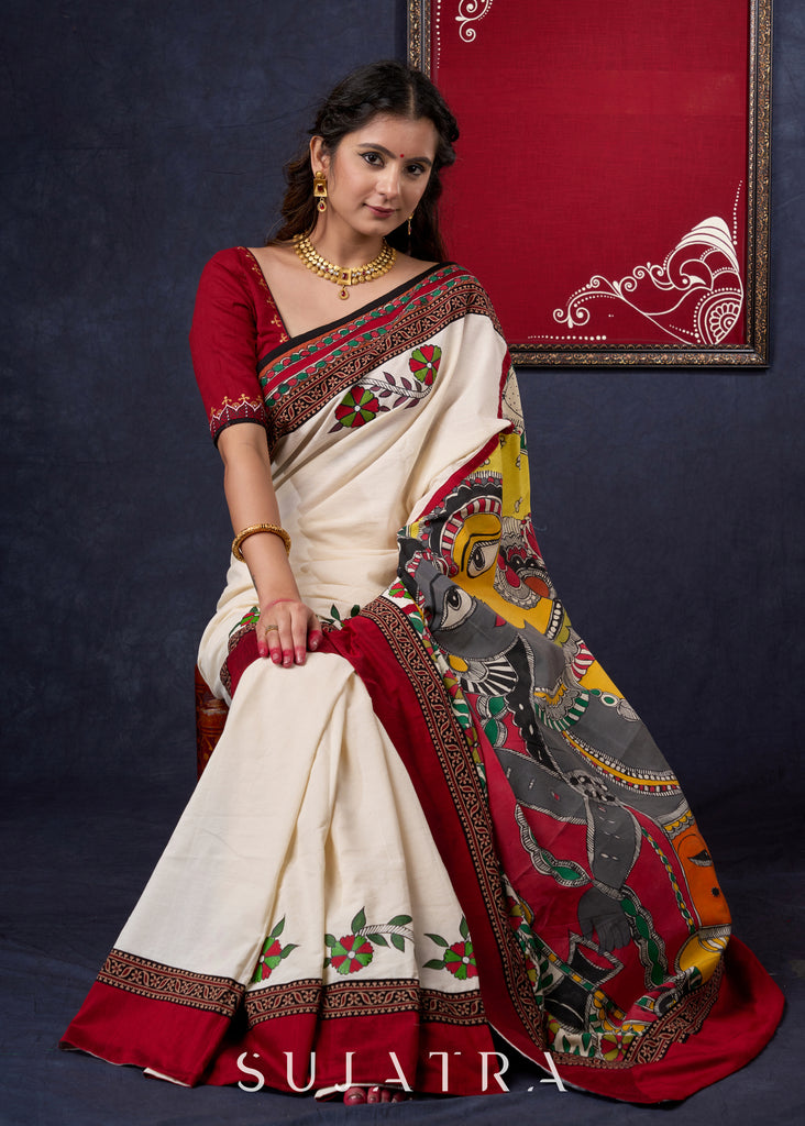 Beautiful Off-white saree with Hand-Painted Madhubani Pallu Highlighted with Ajrakh Border & Painted Floral Motifs