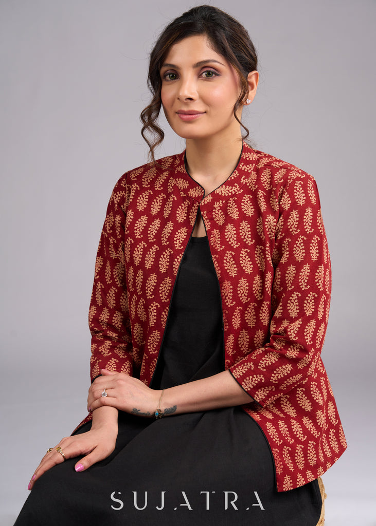 Timeless Ajrakh Maroon Printed Jacket with Contrasting Black Piping Detail