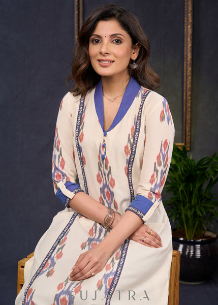 Trendy-Off-White-Cotton-Ikat-Combination-Kurta-With-Beautiful-Collar--Pant-Optional