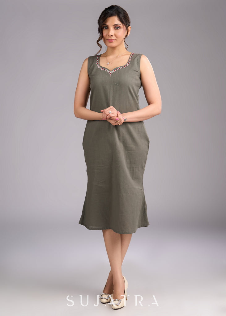 Grey Cotton Artistry Dress with Handpainted Neckline