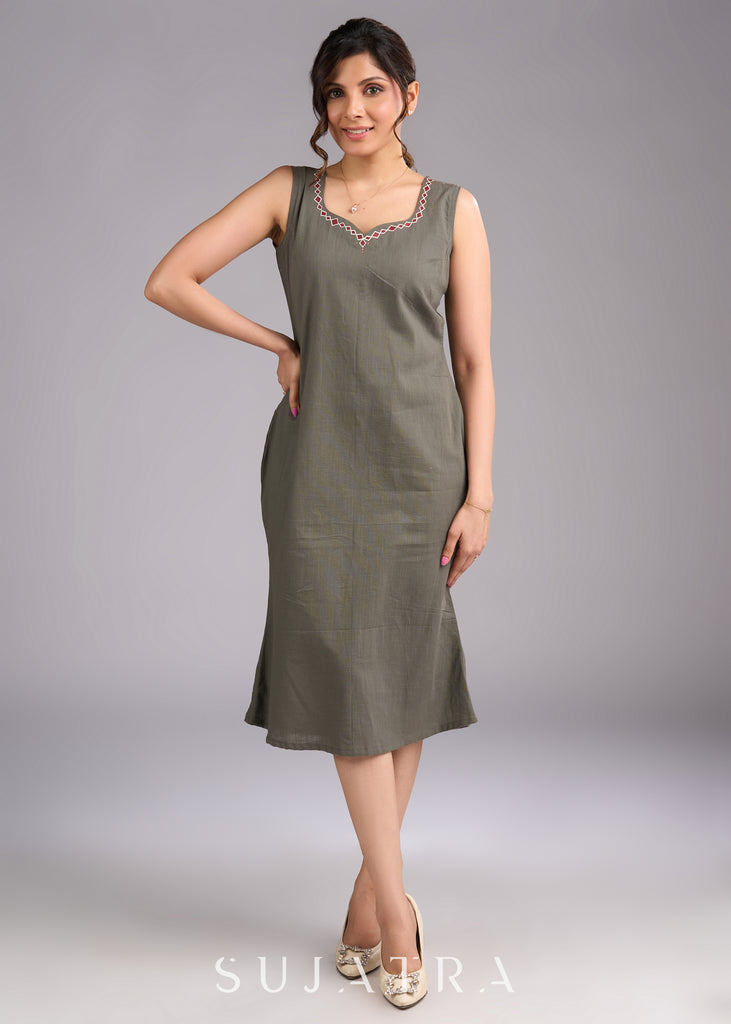 Grey Cotton Artistry Dress with Handpainted Neckline