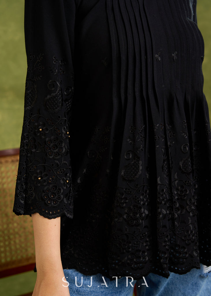 Black Hakoba Rayon Top With A Flared Silhouette, Pin-Tuck Detailing On The Front, And Scallop Sleeves