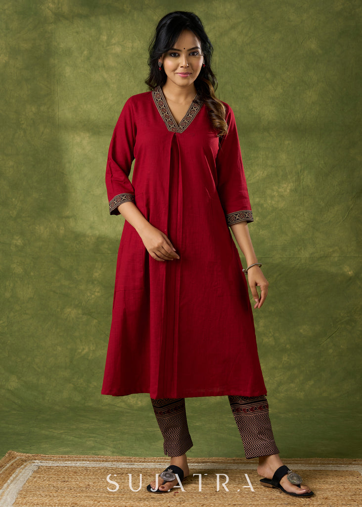 Trendy Maroon Cotton Ajrakh Pleated Kurta - Pant Optional