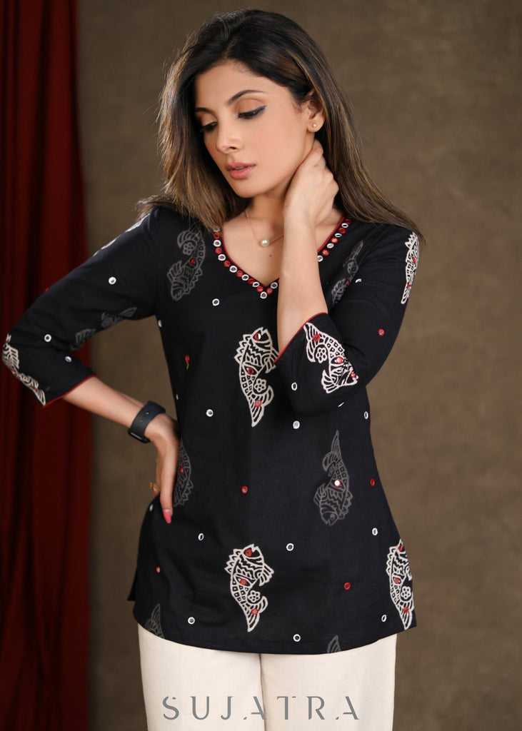 ON-SALE-graceful-black-cotton-printed-top-with-mirrorwork-detailing