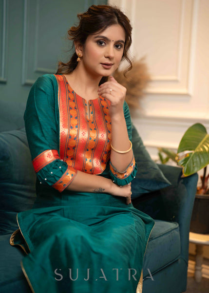 ON-SALE-beautiful-teal-cotton-silk-kurta-with-brocade-yoke-and-pant-dupatta-optional