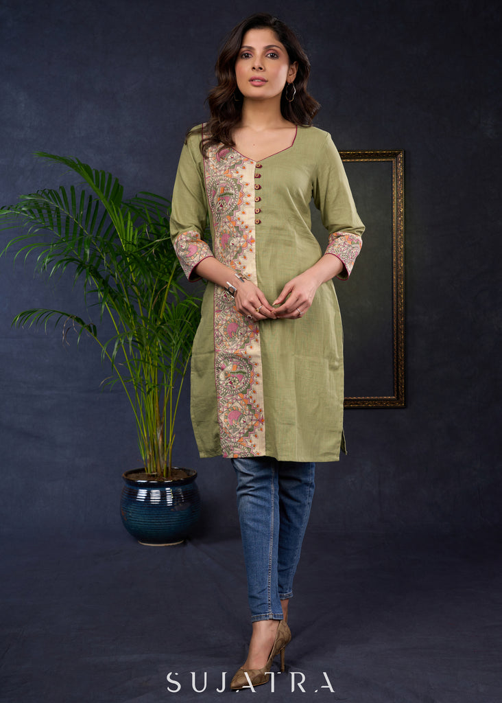 Pista Cotton Tunic Featuring Vibrant Madhubani Prints