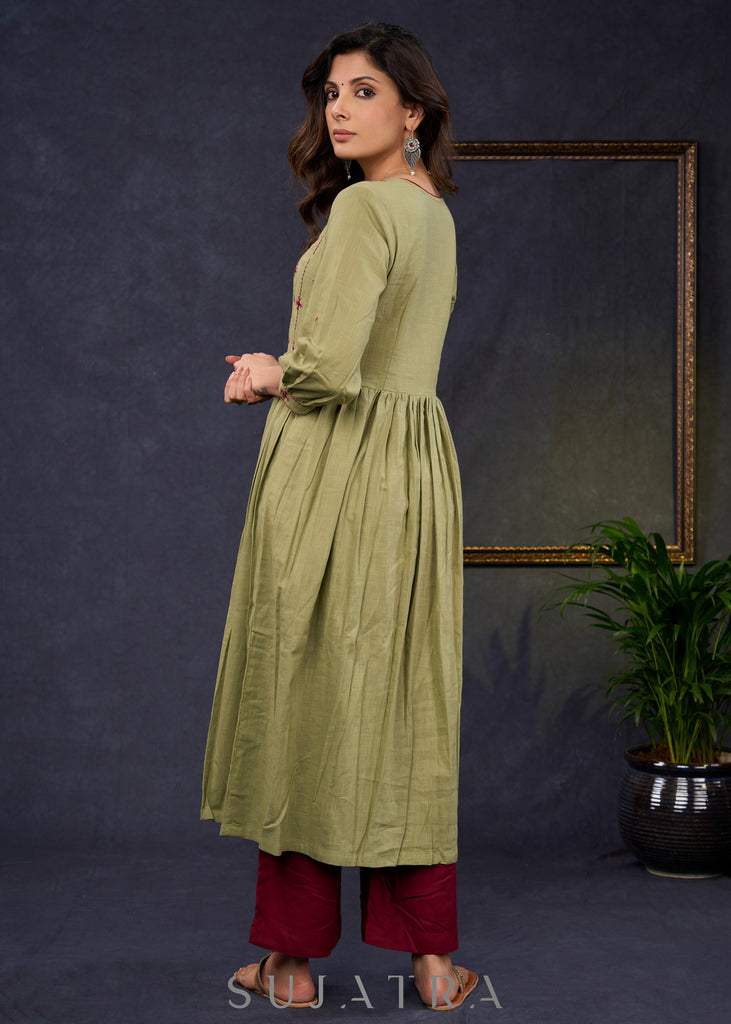 Classy-Sage-Green-Cotton-A-Line-Kurta-With-Embroidered-Yoke-Pant-Optional