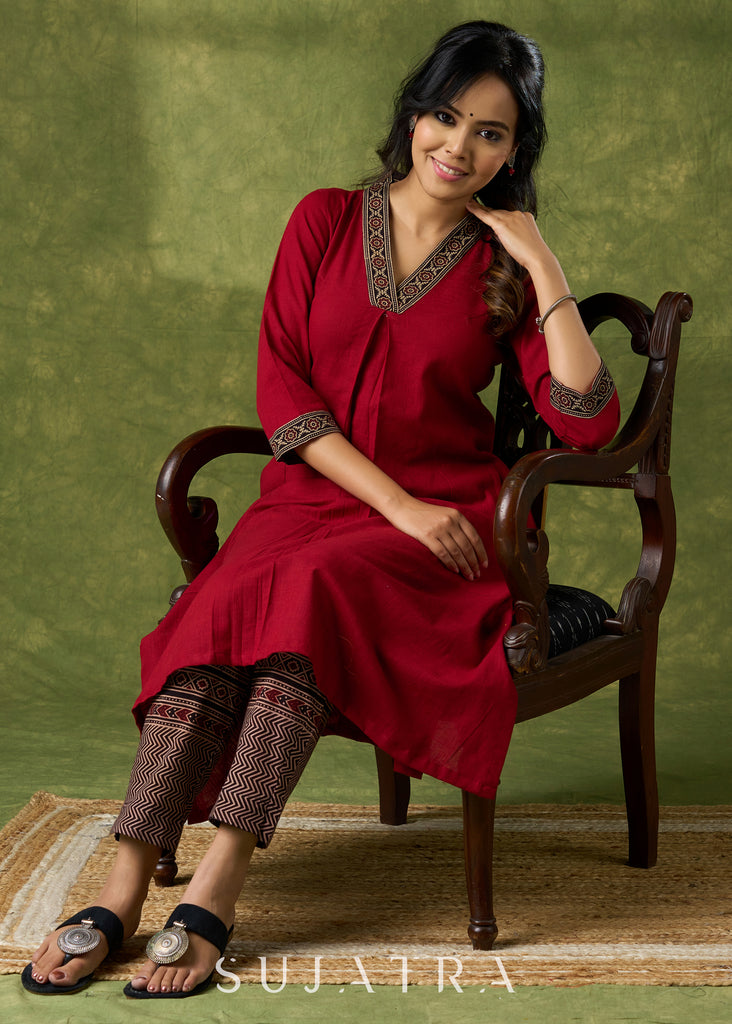 Trendy Maroon Cotton Ajrakh Pleated Kurta - Pant Optional