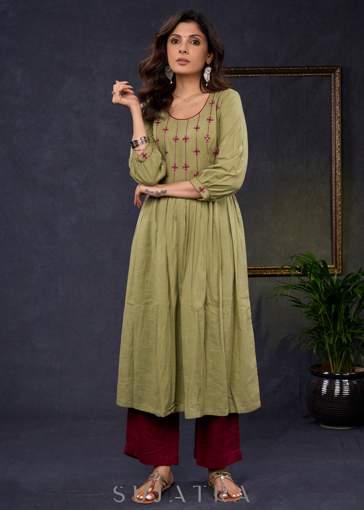 Classy-Sage-Green-Cotton-A-Line-Kurta-With-Embroidered-Yoke-Pant-Optional