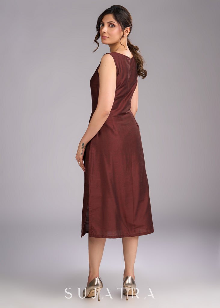 Brown Beauty Sleeveless Cotton Silk Dress with Side Slit