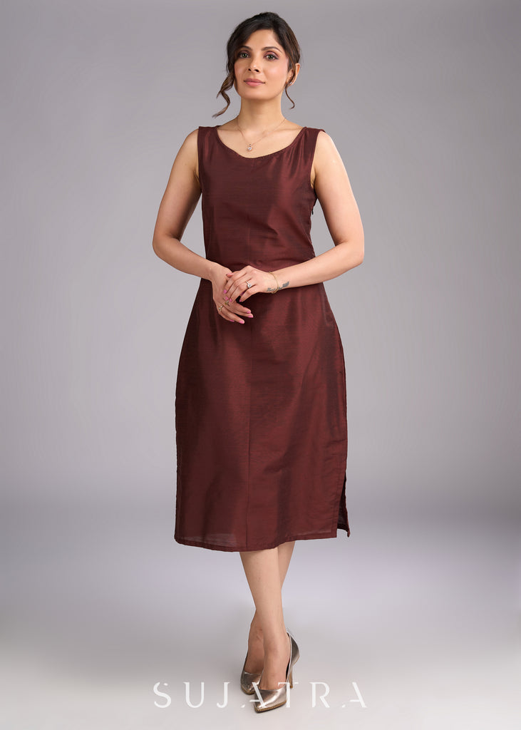 Brown Beauty Sleeveless Cotton Silk Dress with Side Slit