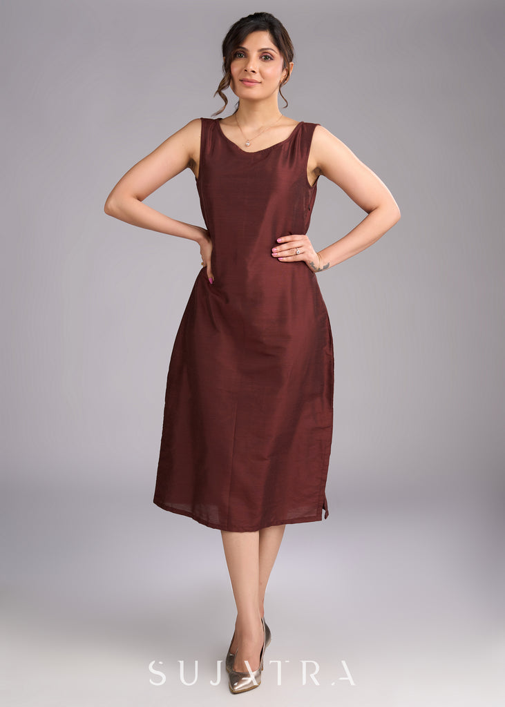 Brown Beauty Sleeveless Cotton Silk Dress with Side Slit