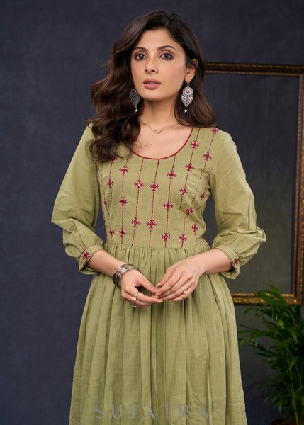 Classy-Sage-Green-Cotton-A-Line-Kurta-With-Embroidered-Yoke-Pant-Optional