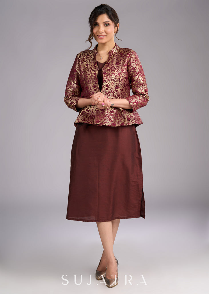 Regal Brown Brocade Peplum Blazer Jacket