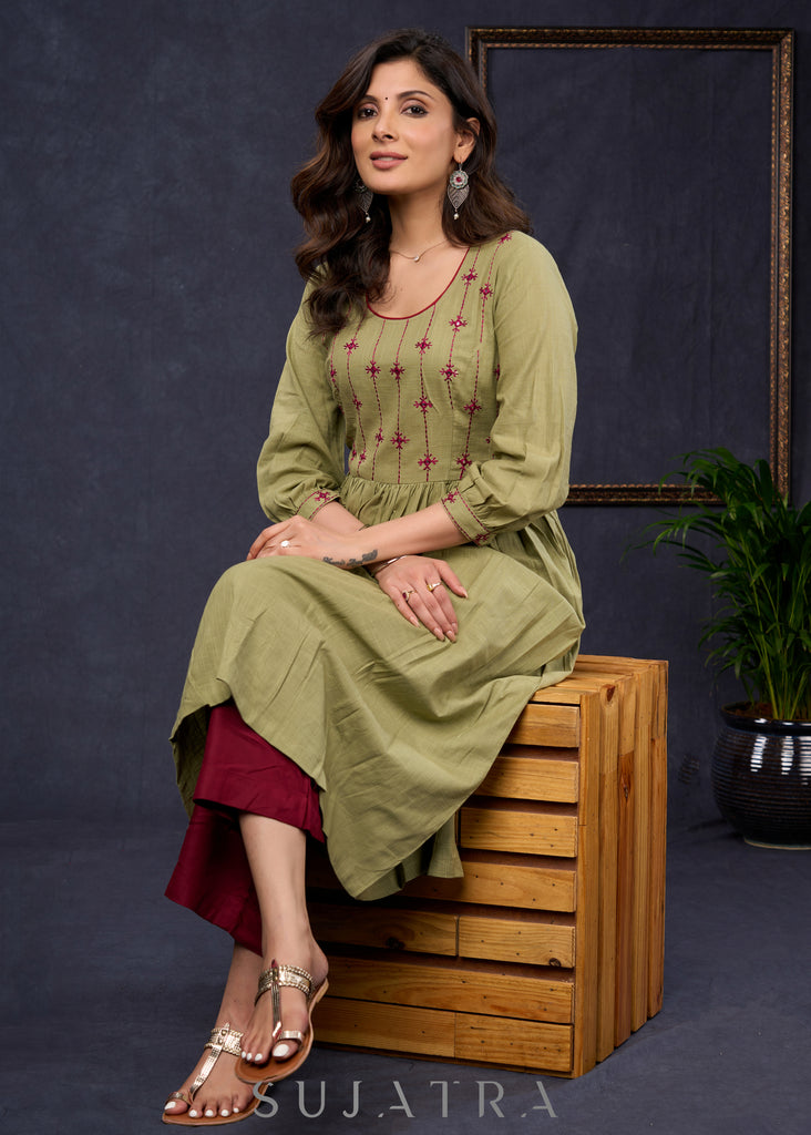 Classy-Sage-Green-Cotton-A-Line-Kurta-With-Embroidered-Yoke-Pant-Optional