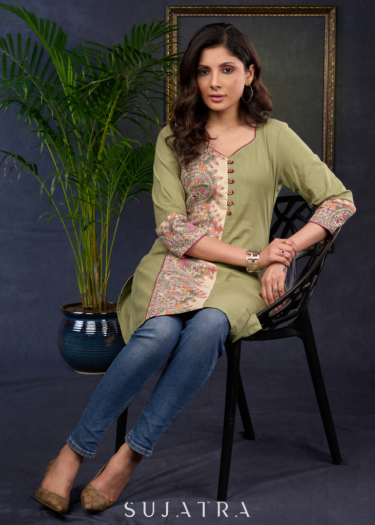 Pista Cotton Tunic Featuring Vibrant Madhubani Prints