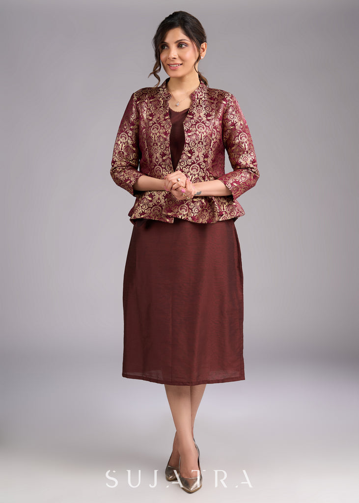 Regal Brown Brocade Peplum Blazer Jacket