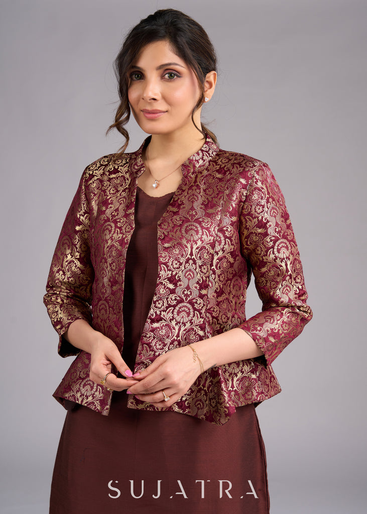 Regal Brown Brocade Peplum Blazer Jacket