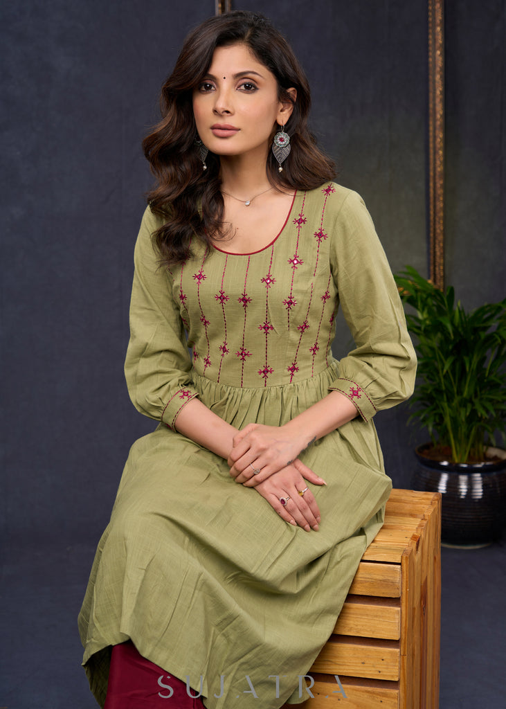 Classy-Sage-Green-Cotton-A-Line-Kurta-With-Embroidered-Yoke-Pant-Optional