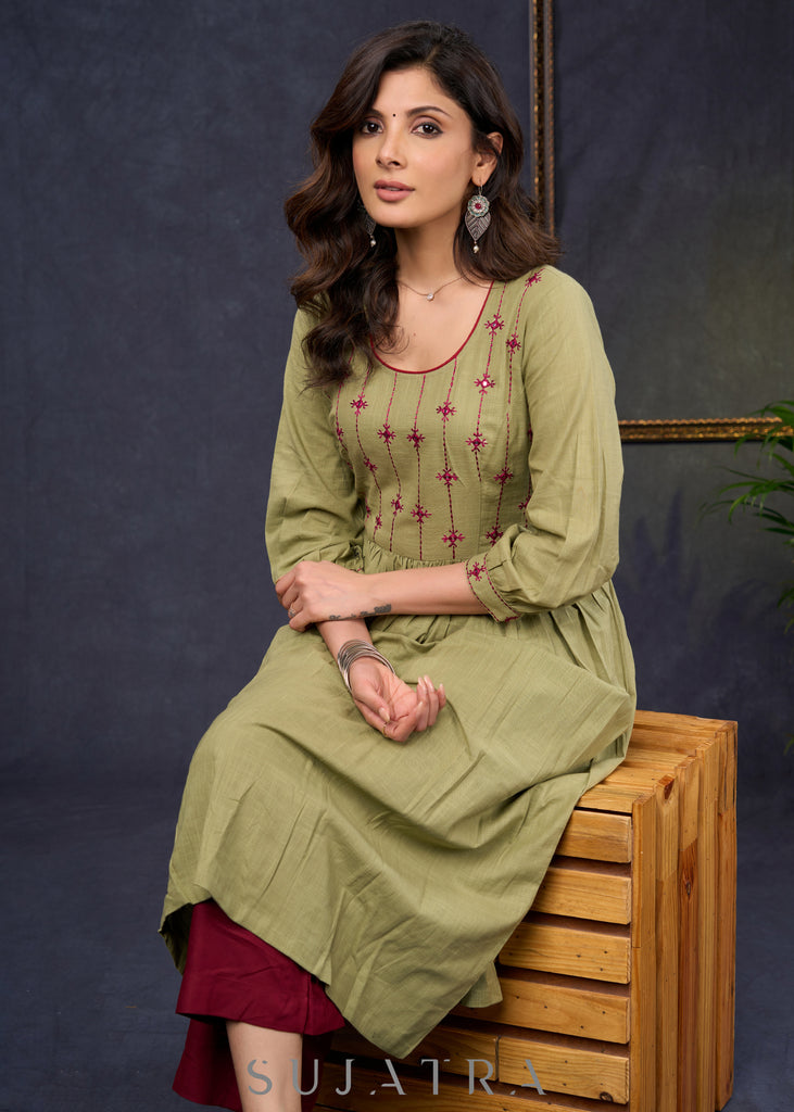 Classy-Sage-Green-Cotton-A-Line-Kurta-With-Embroidered-Yoke-Pant-Optional