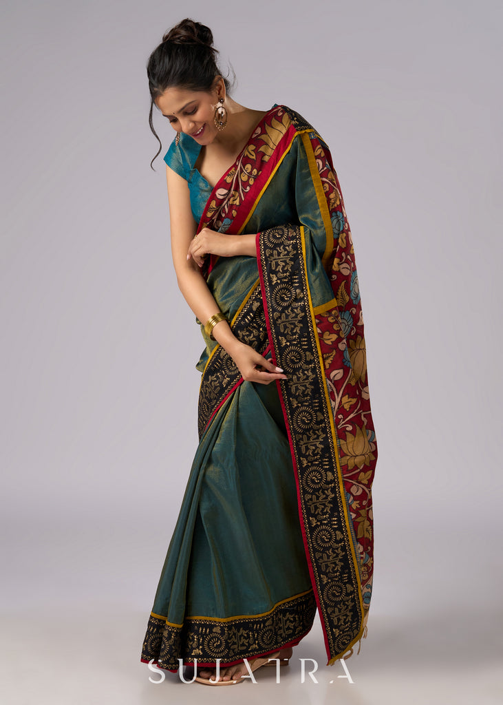 Elegant tissue saree with hand painted Kalamkari pallu