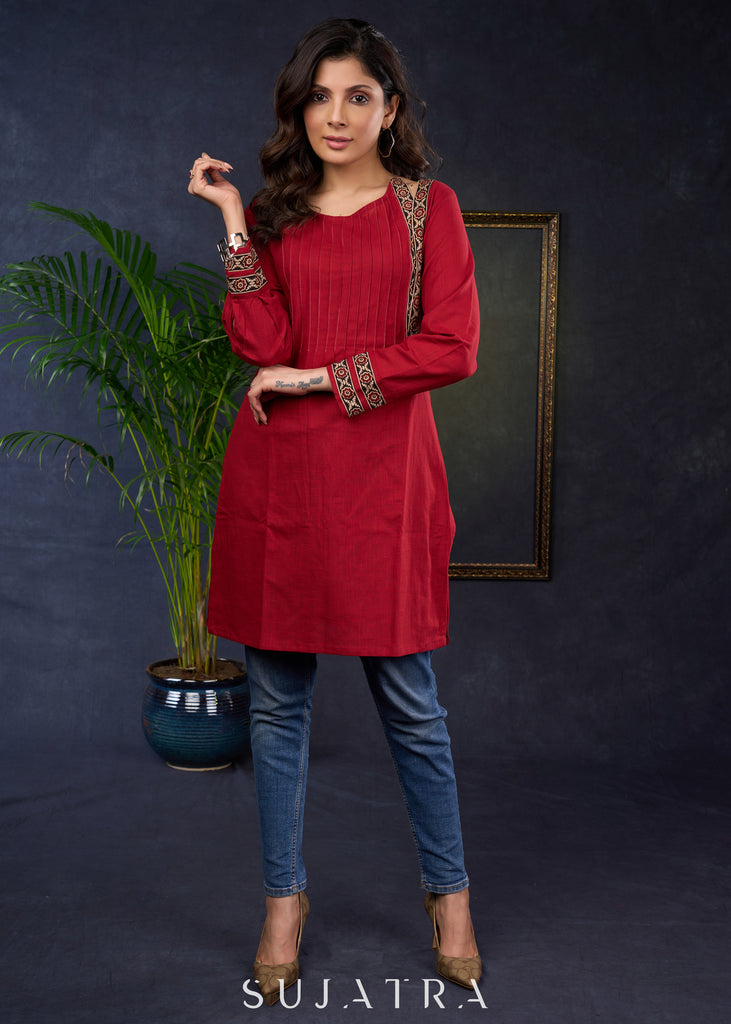 Maroon Cotton Tunic With Stylish Pin Tucks And Vibrant Ajrak Patterns.