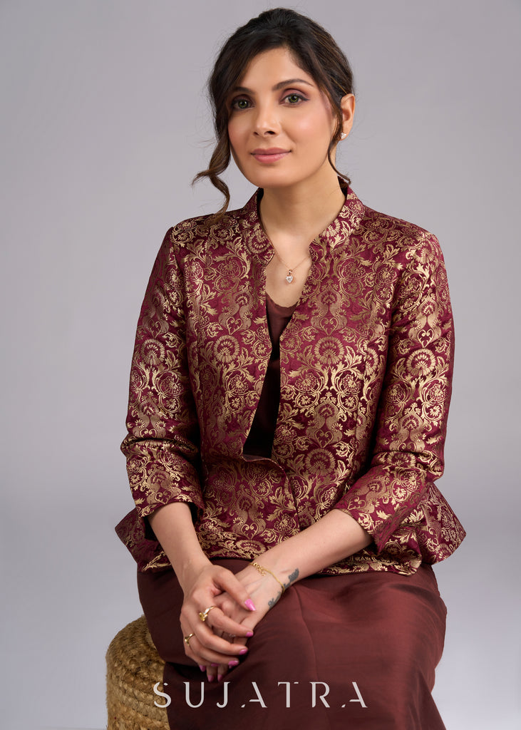 Regal Brown Brocade Peplum Blazer Jacket