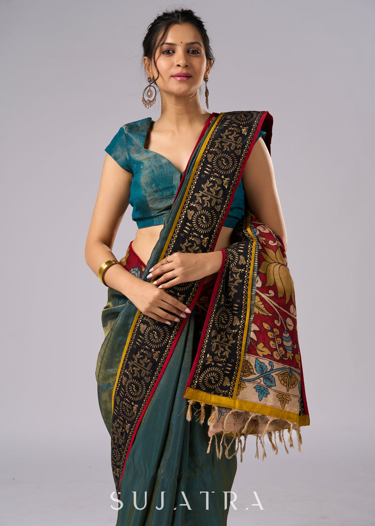 Elegant tissue saree with hand painted Kalamkari pallu