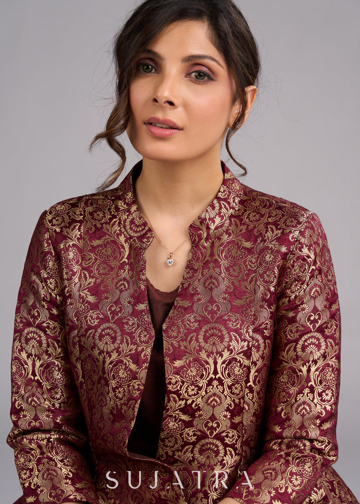 Regal Brown Brocade Peplum Blazer Jacket