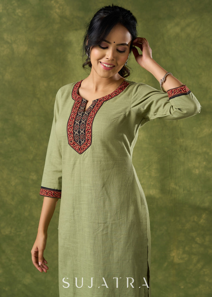 Dark Pista Cotton Ajrakh Combination Kurta - Pant Optional