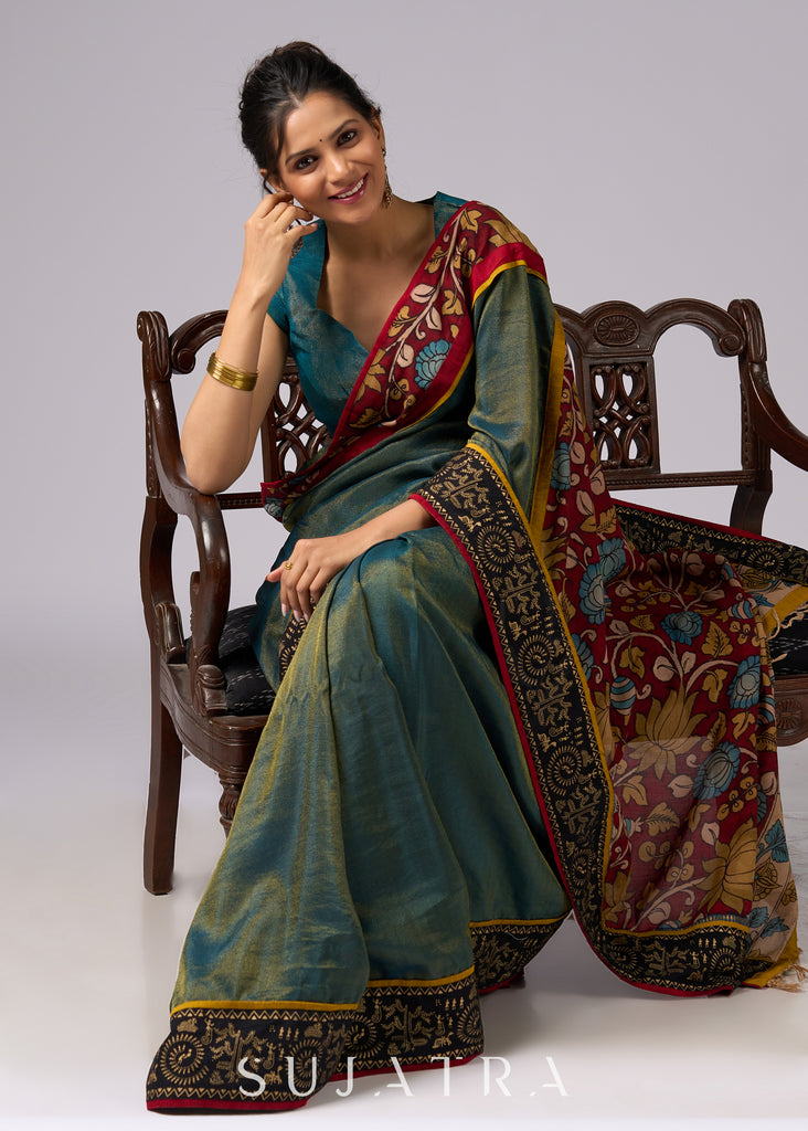 Elegant tissue saree with hand painted Kalamkari pallu