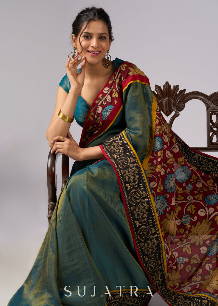 Elegant tissue saree with hand painted Kalamkari pallu