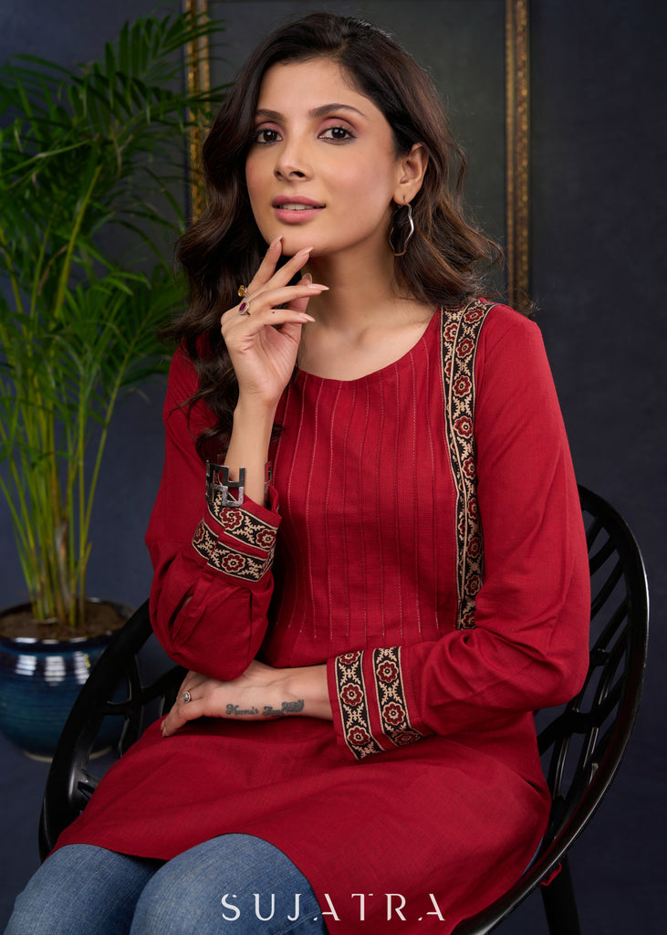 Maroon Cotton Tunic With Stylish Pin Tucks And Vibrant Ajrak Patterns.