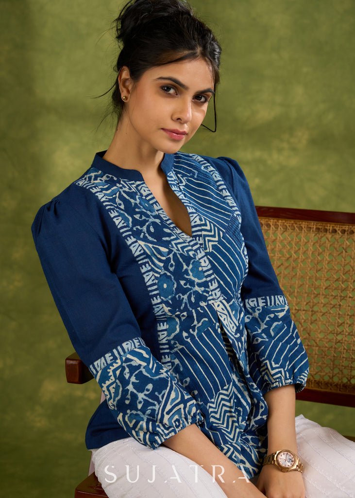 Navy Blue Cotton Indigo Top With Patchwork Detailing And Gathered Sleeves