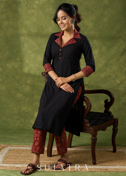 Smart Black Cotton Ajrakh Collared Kurta - Pant Optional