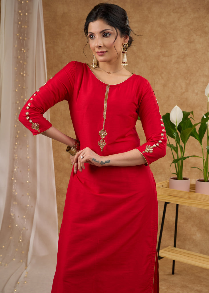 Stunning red cotton silk kurta adorned with intricate hand embroidery Pant optional