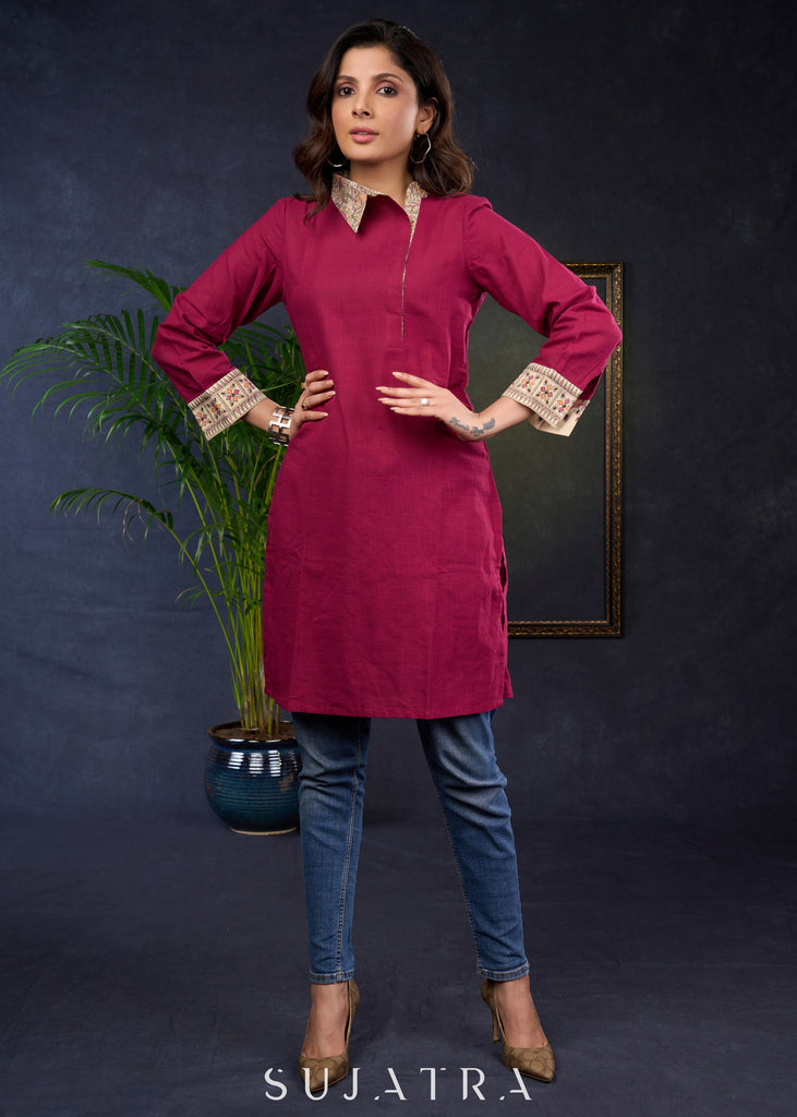 Magenta Cotton Tunic With Unique Madhubani Print Collar.