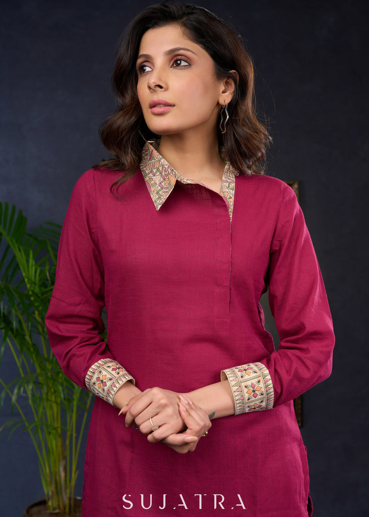 Magenta Cotton Tunic With Unique Madhubani Print Collar.