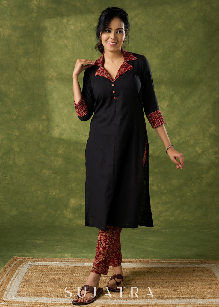 Smart Black Cotton Ajrakh Collared Kurta - Pant Optional