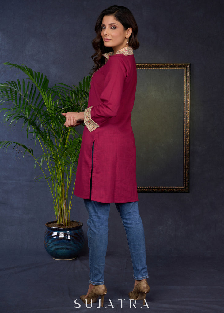 Magenta Cotton Tunic With Unique Madhubani Print Collar.