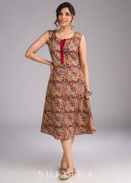 Timeless Maroon Kalamkari Sleeveless Dress