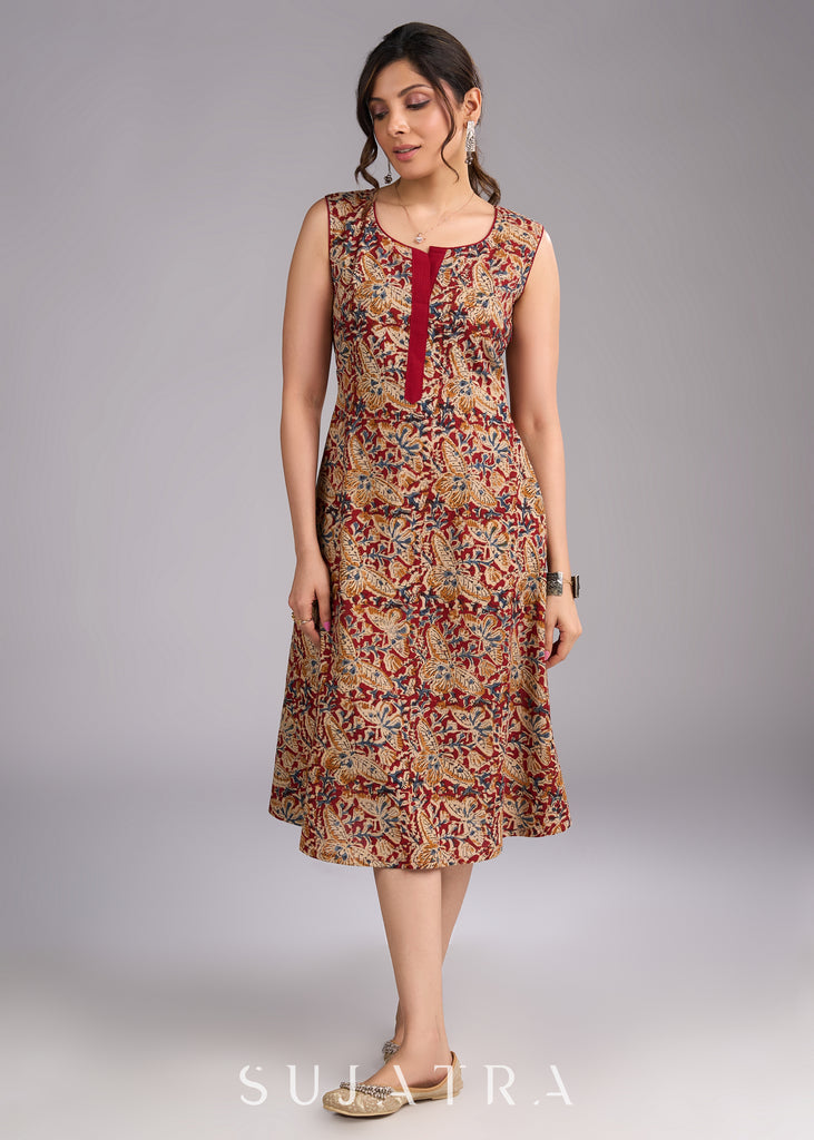 Timeless Maroon Kalamkari Sleeveless Dress