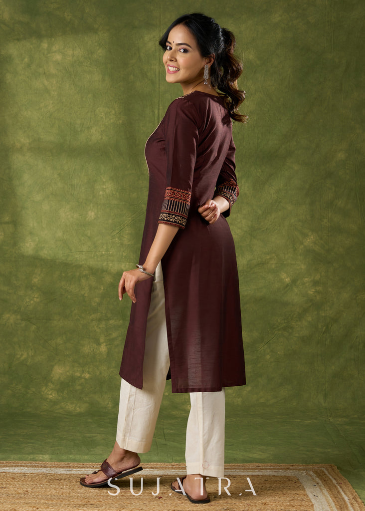 Graceful Dark Brown Cotton Silk Kurta With Ajrakh Yoke - Pant Optional