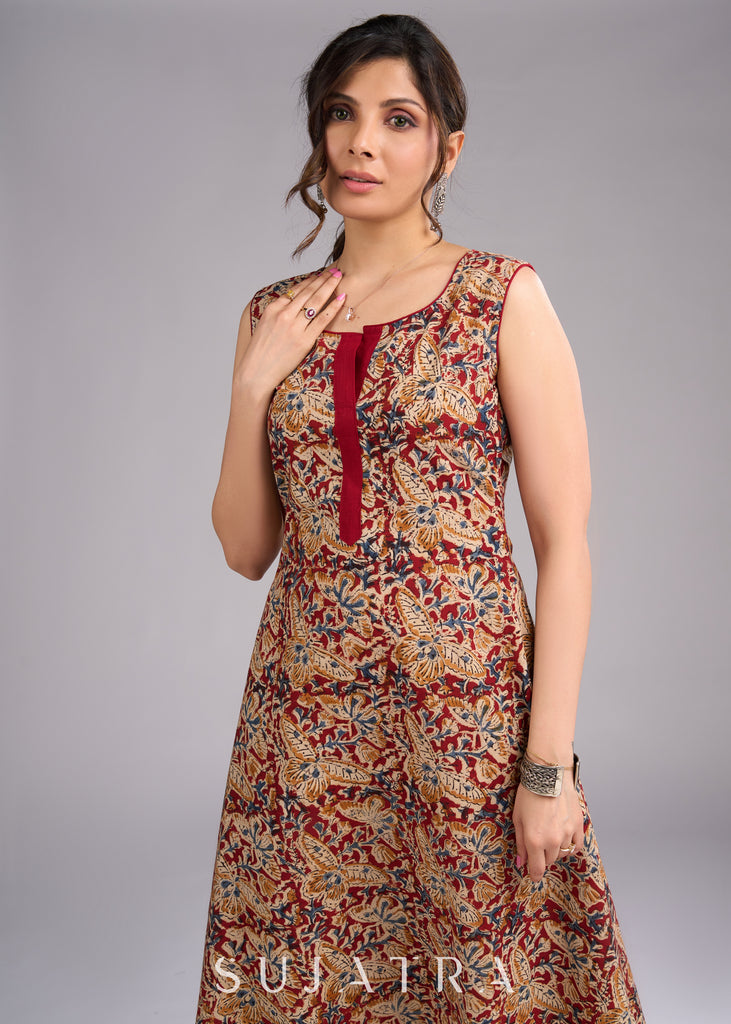 Timeless Maroon Kalamkari Sleeveless Dress