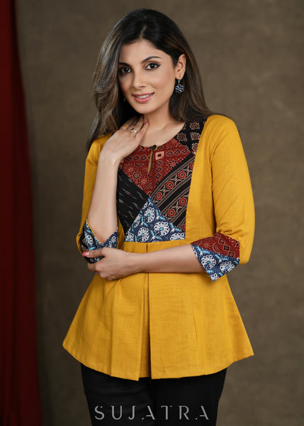 Mustard Cotton Top with Ajrakh Patchwork Yoke